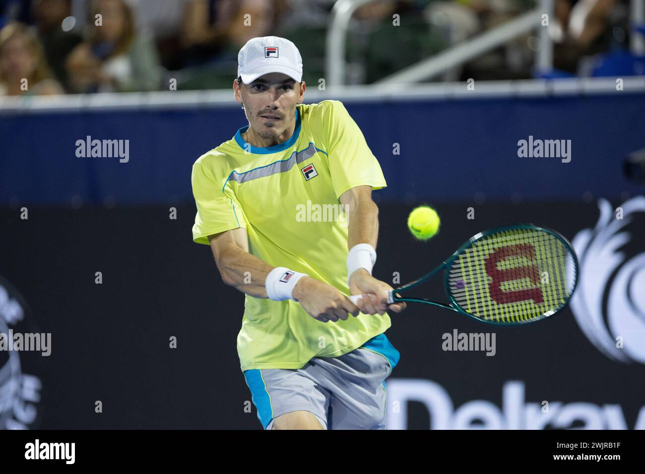 DELRAY BEACH, FL - FEBRUARY 16: Patrick Kypson of USA in action during Day Eight of the Delray Beach Open at the Delray Beach Tennis Center on February 16, 2024. (Photo by Mauricio Paiz) Stock Photo