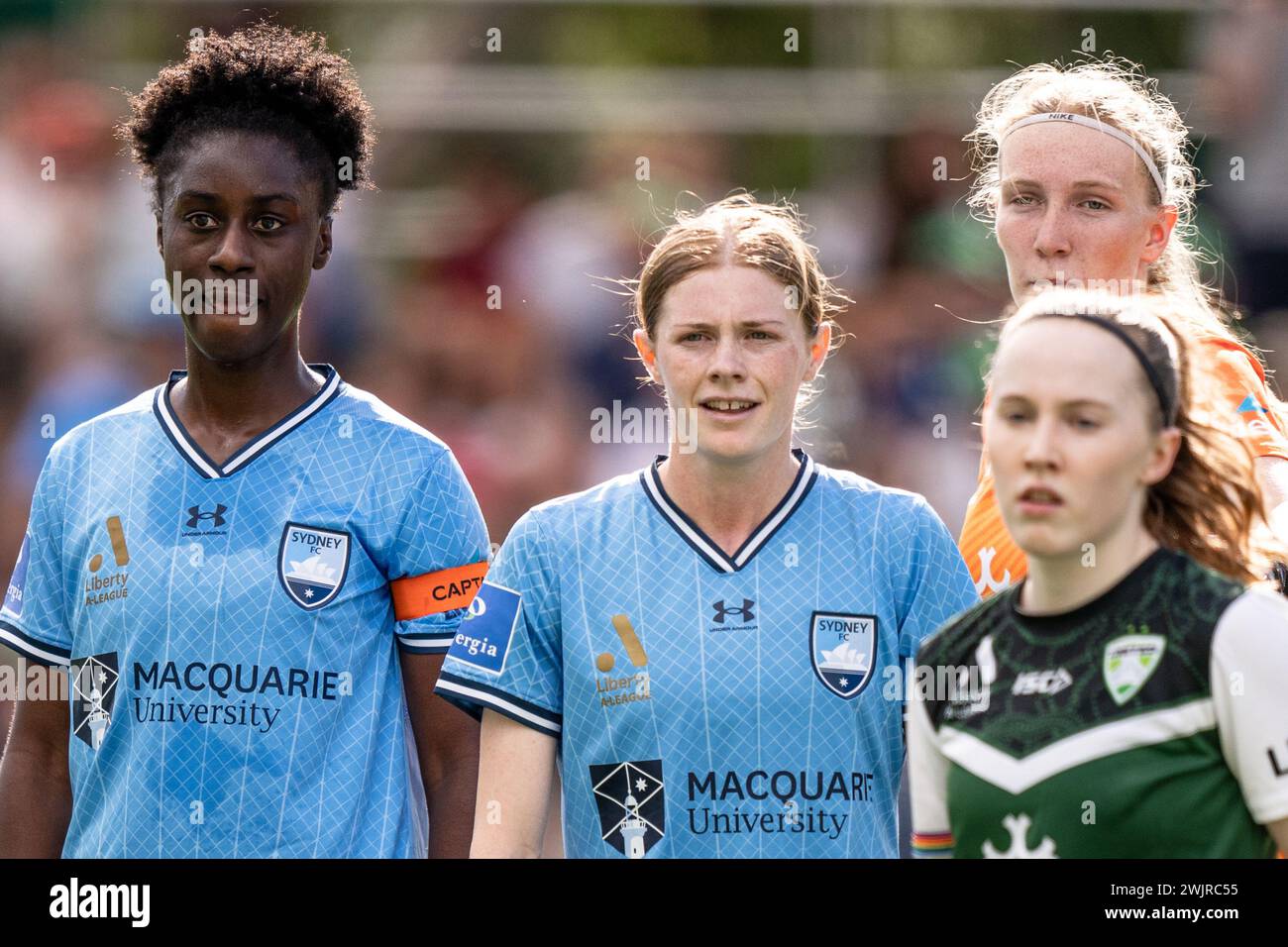 Canberra, Australia; 17th Feb 2024: Princess Ibini and Cortnee Vine of Sydney FC, Canberra United FC goalkeeper Chloe Lincoln and Sasha Grove of Canberra United FC are pictured  during the 2023/24 Liberty A-League Women Round 17 match between Canberra United FC and Sydney FC at McKellar Park in Canberra, Australia on 17 February 2024. (Photo Credit: Nick Strange/Fotonic/Alamy Live News) Stock Photo