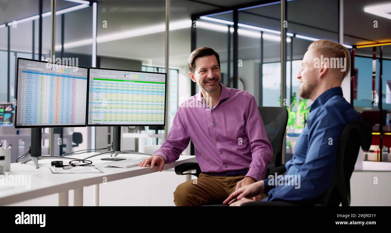 Man Workers In Office Break. Friends Speak Stock Photo