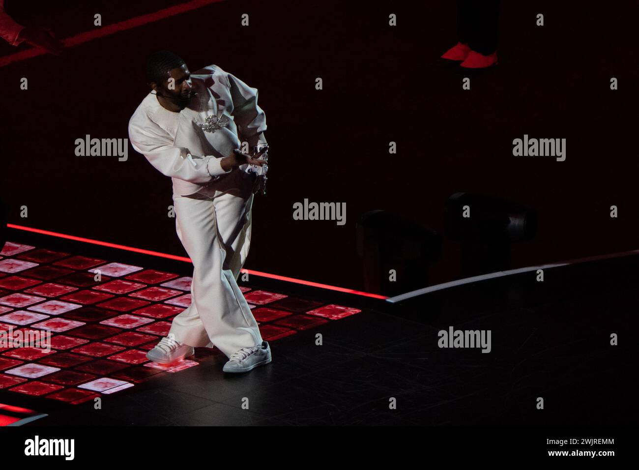 Feb 11, 2024; Las Vegas, Nevada, USA;  Pop singer Usher performs during the halftime show between the San Francisco 49ers and the Kansas City Chiefs at Allegiant Stadium during Super Bowl LVIII. Mandatory Credit: Stan Szeto - Image of Sport Stock Photo