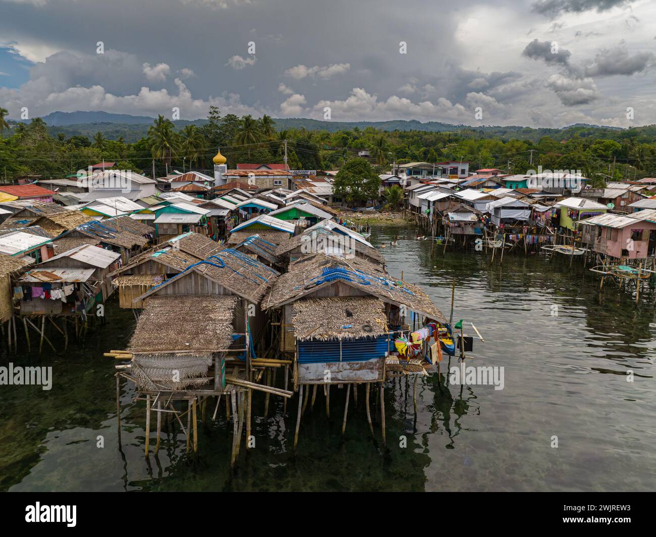 Aerial view of Squatter Stilt Houses over the sea in Zamboanga del Sur. Mindanao, Philippines. Stock Photo