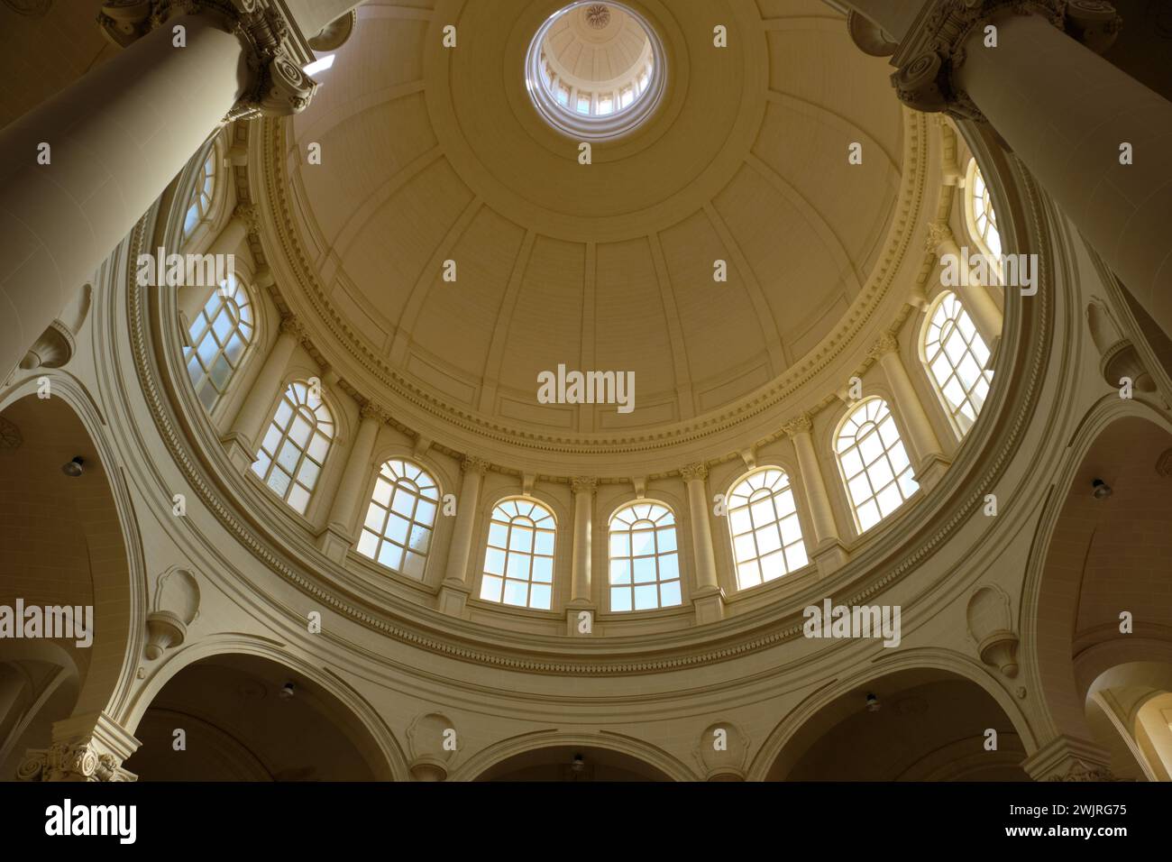 The unusual elliptical cupola of the neoclassical Parish Church of the Assumption of the Blessed Virgin Mary into Heaven - Mgarr, Malta Stock Photo