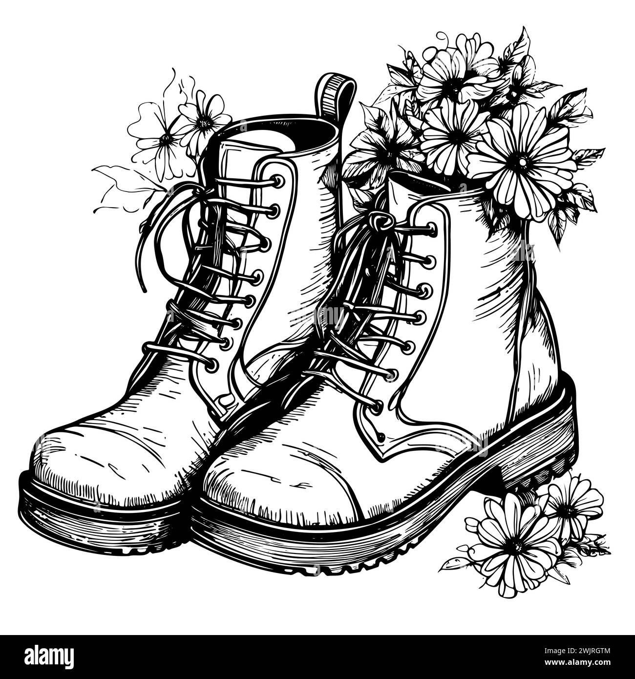 Sketch boots with Flowers isolated on white background. Sketch hand