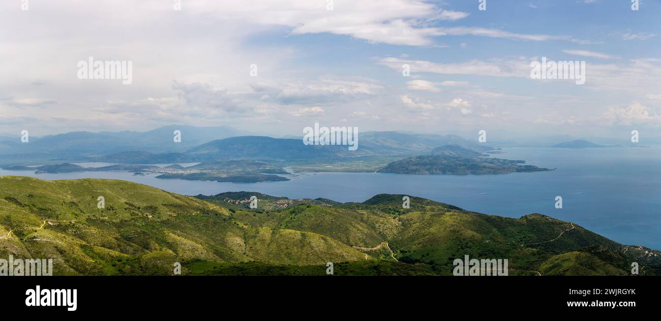 Panorama of greek and albanian coasts from Mount Pantokrator, Greece Stock Photo