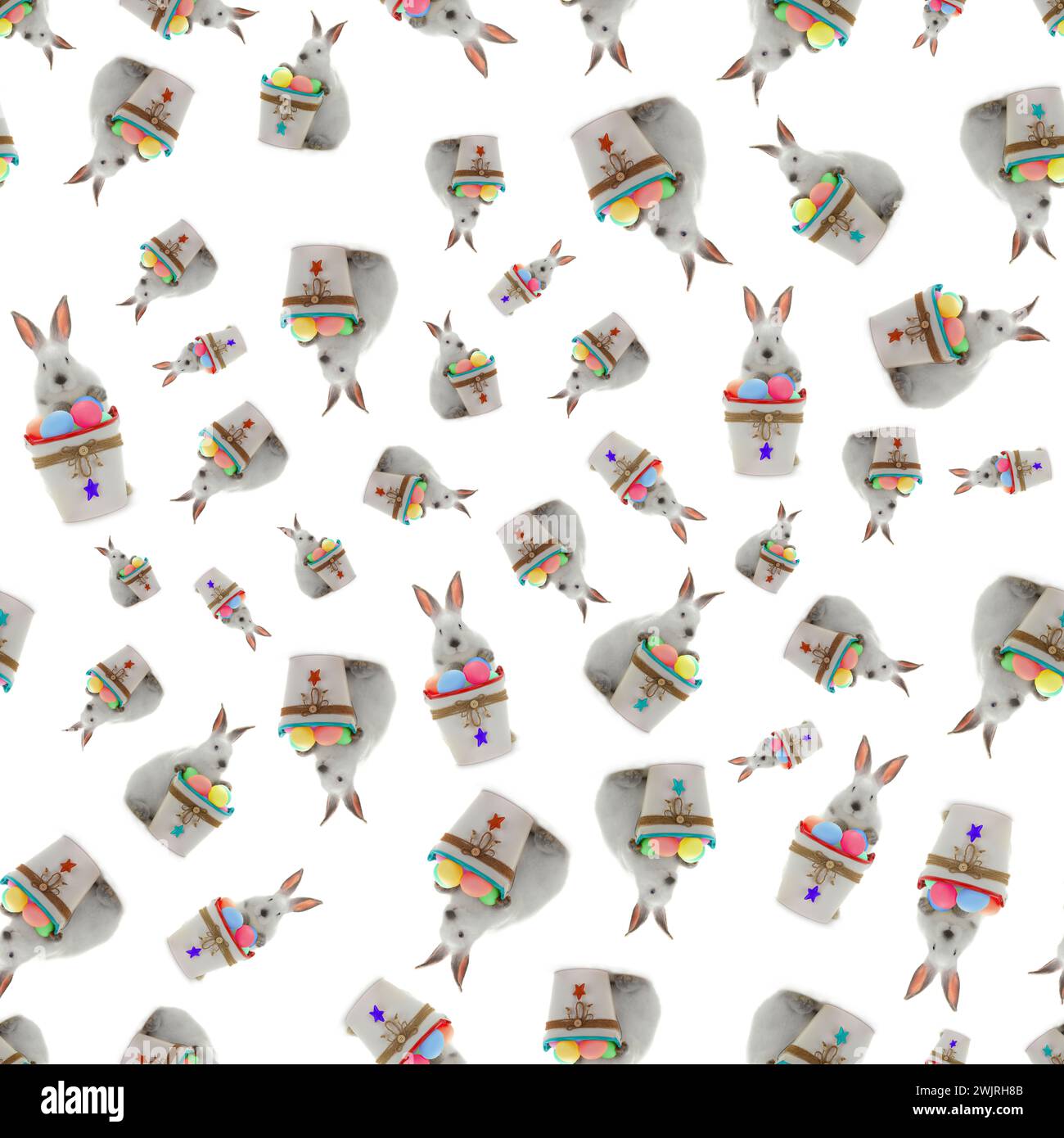 pattern white rabbit near a bucket with easter eggs Stock Photo
