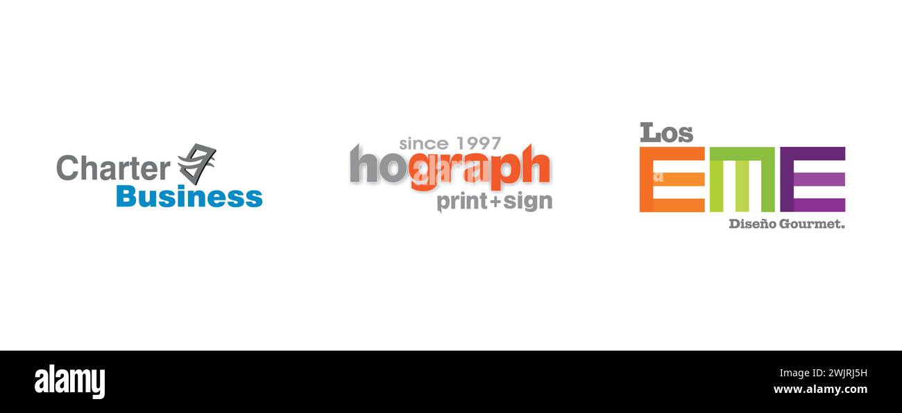 Charter Business , Los EME Diseno Gourmet, hograph print+sign. Arts and design editorial logo collection. Stock Vector