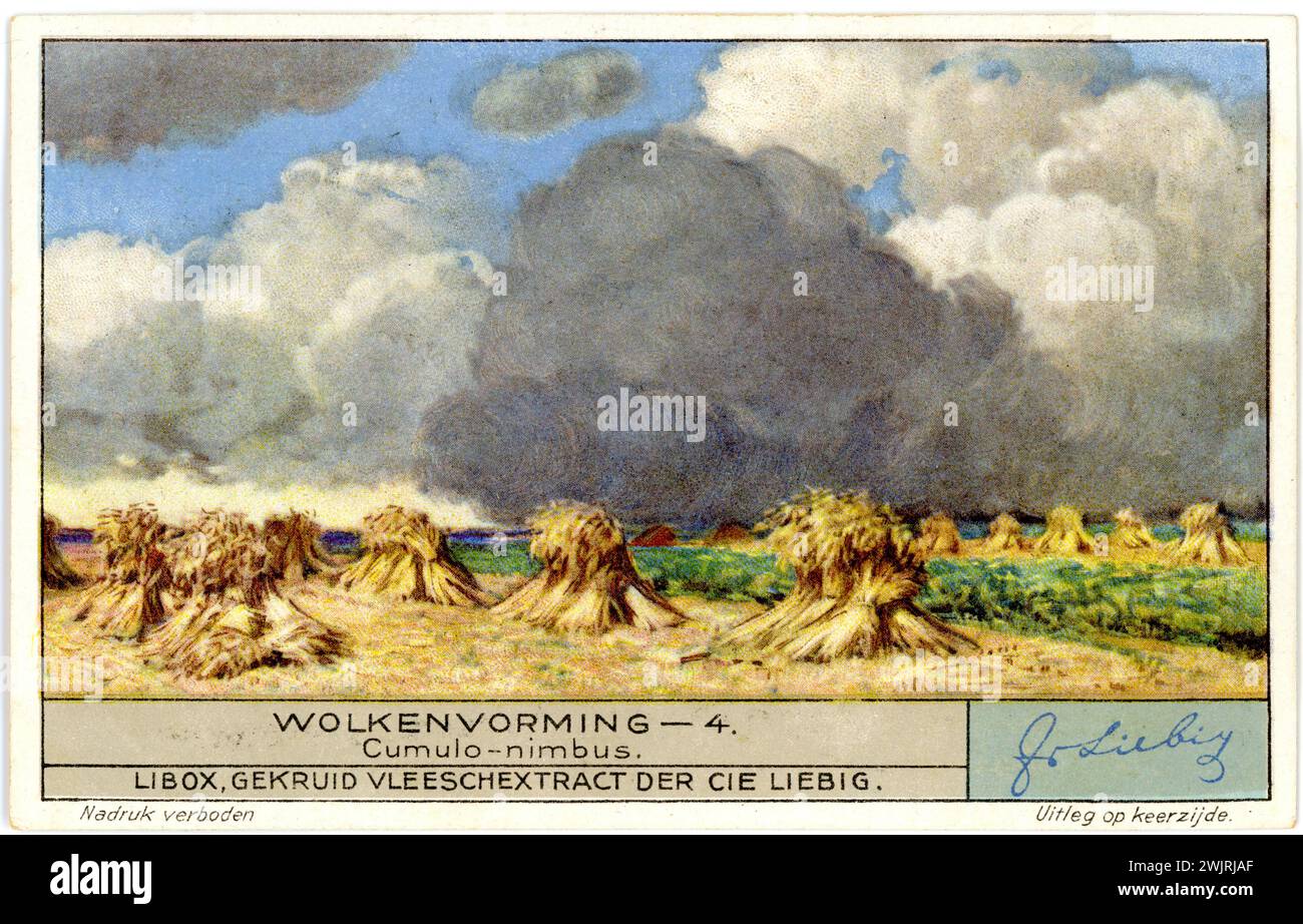 Cumulus nimbus clouds over a harvested field. Depiction on a Liebig painting ,  (, ), Stock Photo