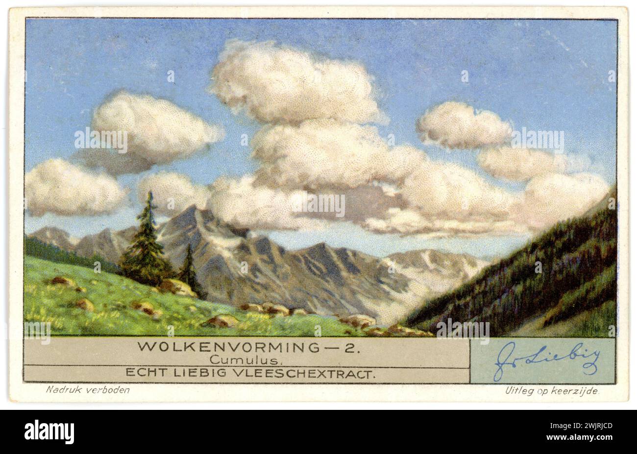 Cumulus clouds in the mountains. Depiction on a Liebig painting ,  (, ), Stock Photo