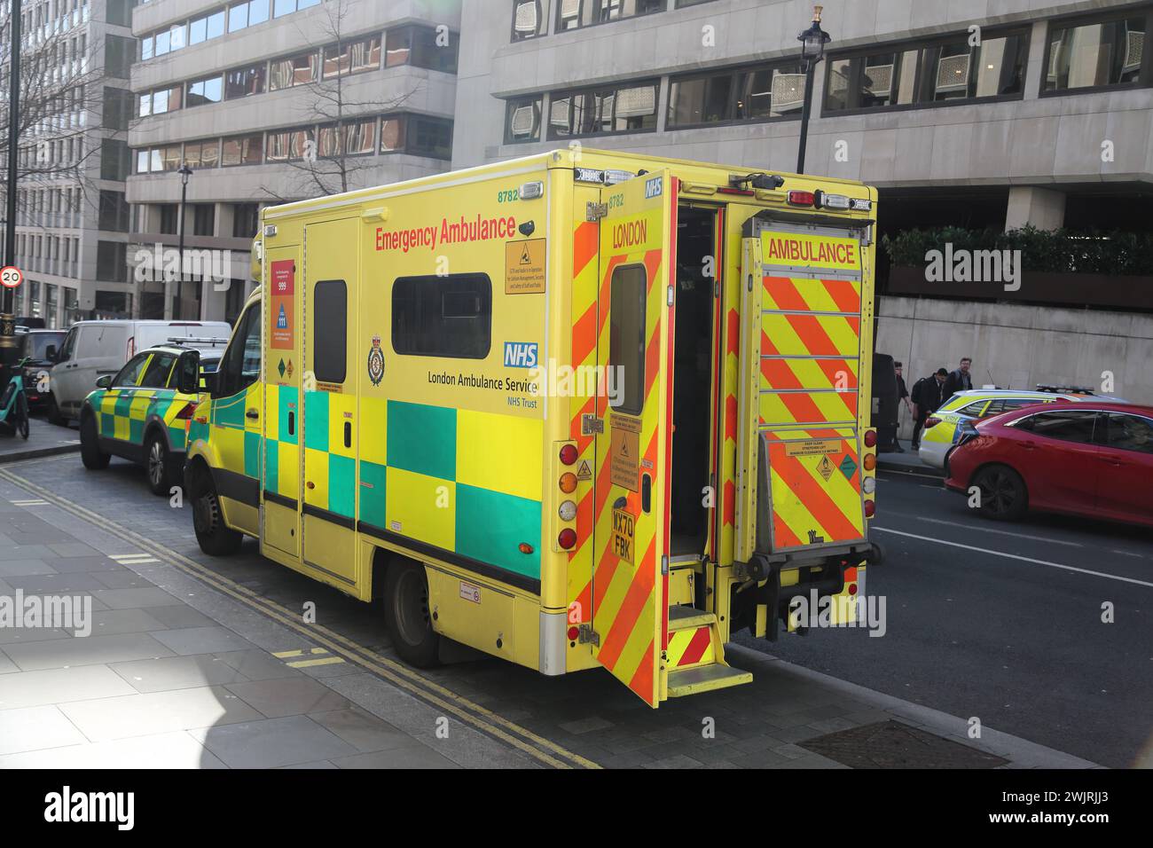 A London Ambulance vehicle attending an emergency in central London, UK Stock Photo