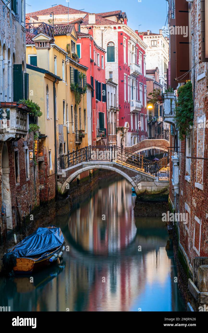 Charming canal at dusk, Venice, Veneto, Italy Stock Photo