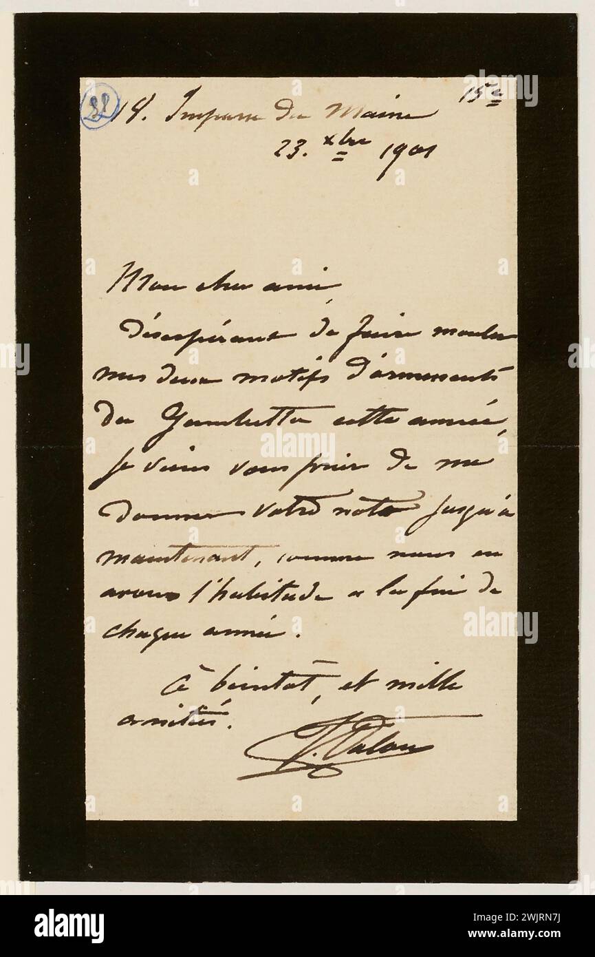 Dalou, Aimé-Jules (1838-12-31-1902-04-15), signed autograph letter from the Aimé-Jules sculptor Dalou to his Mouleur Amédée Bertault, December 23, 1901 (dummy title), 1901-12-23. Ink on paper. Petit Palais, Museum of Fine Arts of the City of Paris. Stock Photo