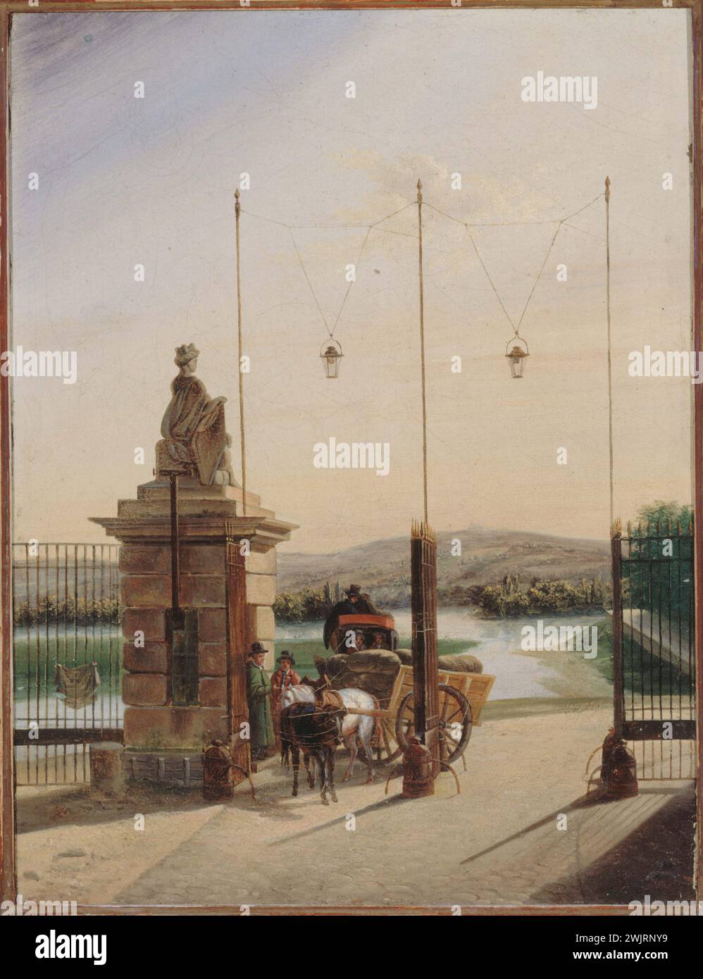 The Porte des Bonhommes in Passy ', around 1820. Anonymous, oil on canvas. Paris, Carnavalet museum. 24169-9 Barriere, campaign, cart, control, control, public lighting, entry, grid, tax, goods, goods, granting, work of art, passage, pay, good men, separation, separate, table, tax, transport of goods, Horse car, town, 19th 19th XIX 19th 19th 19th century, 16th 16th 16th 16th 16th 16th arrondissement, oil on canvas Stock Photo