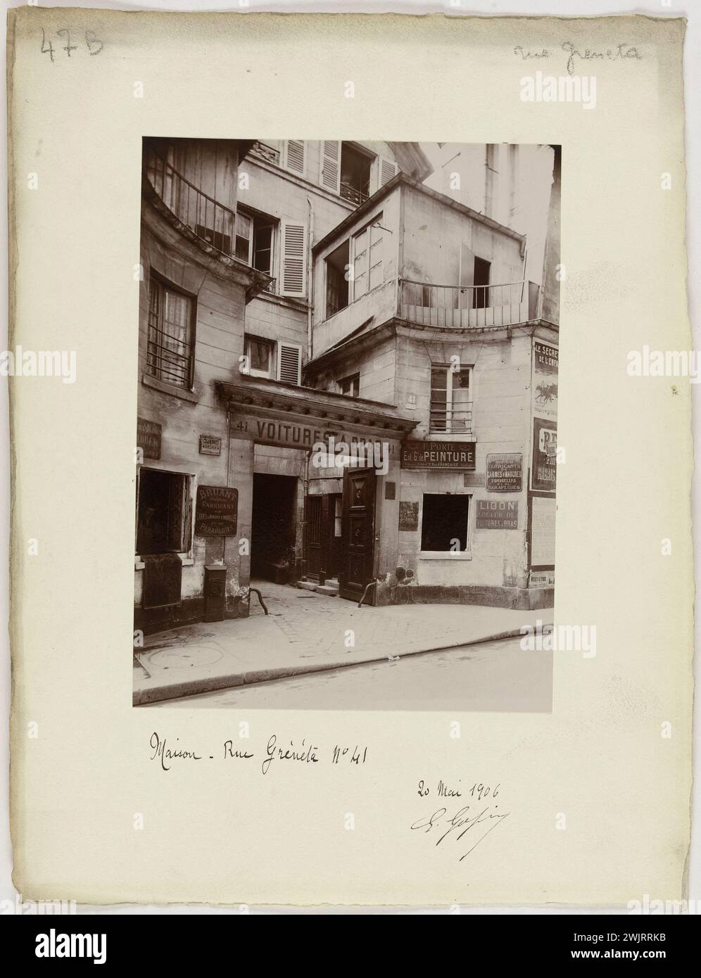 Car store store, 41 rue Greneta, Paris (2nd arr.). Photograph by E. Gossin. May 20, 1906. Paris, Carnavalet museum. 99890-8 IIEEEEIE IIE II 2ME 2E 2 ARRONDISSEMENT Stock Photo