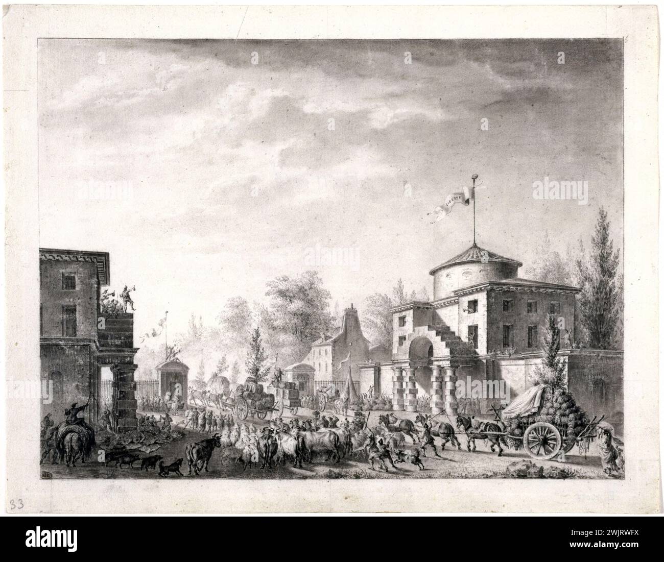 Jean-Louis Prieur le Jeune (1759-1795). 'Entrance of the free barriers, May 1, 1791'. Drawing. Paris, Carnavalet museum. 27118-17 Barriere, customs, tax, French revolution, deletion Stock Photo