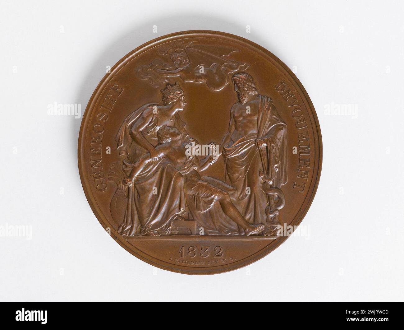 Julien Vatinelle (1788-1861). Reward for generosity and dedication given to Jean-Jacques Berger (1790-1859), mayor of the 2nd arrondissement, on the occasion of the cholera epidemic, 1832. Bronze. Paris, Carnavalet museum. 70242-23 Cholera, devoutment, epidemia, generosite, ieme iie II 2nd 2nd 2nd arrondissement, mayor, illness, medal, numismatics, recove, reverse Stock Photo