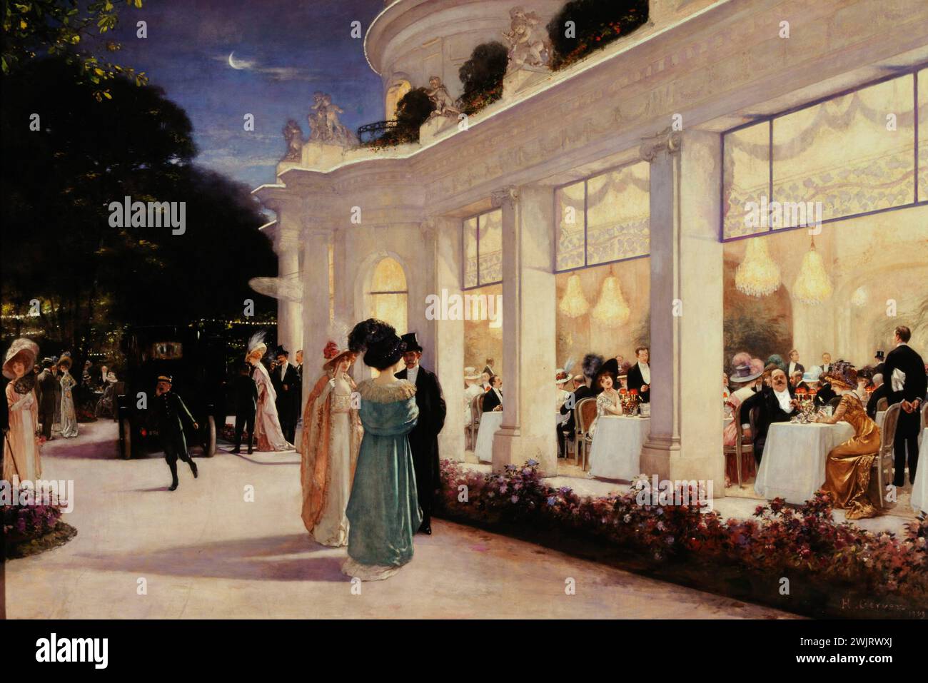 Henri Gervex (1852-1929). 'An evening at Pre-Catelan'. Oil on canvas, 1909. (Outside, Anna Gould and Hélie de Talleyrand-Perigord. Inside, 1st bay, right: Marquis de Dion. Baie in the center: liana de Pougy. Baie on the left: Santos- Dumont). Paris, Carnavalet museum. Academism, year 1900, Academic art, figurative art, attitable, glass bay, building, beautiful time, wood of boulogne, dinner, lighting, elegant, woman, evening habit, man, garden, electric light, luxury, night, work 'Art, pavilion, pre-category, reception, restaurant, restaurant, gourmet, wealth, dining room, life scene, urban sc Stock Photo