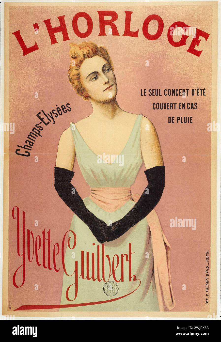 Imprimerie Victor Palyart. The clock, Yvette Guilbert. Poster. Color lithography. Paris, Carnavalet museum. Advertising poster, singer, French, newspaper, clock, color lithography, advertising Stock Photo