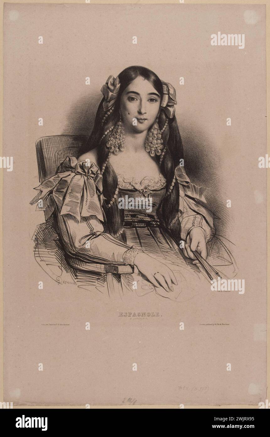 Achille Devéria (1800-1857), French engraver, and Rose Joseph Lemercier (1803-1887), French printer-lithograph. Types of women from different countries: 'Spanish'. Lithography on paper, 1831. Paris, Carnavalet museum. 77636-30 Hairstyle, drawing, Spanish, Evening, folklore, folklorism, lithography, nationality, originally, origin, portrait, dress, type of woman, clothing Stock Photo