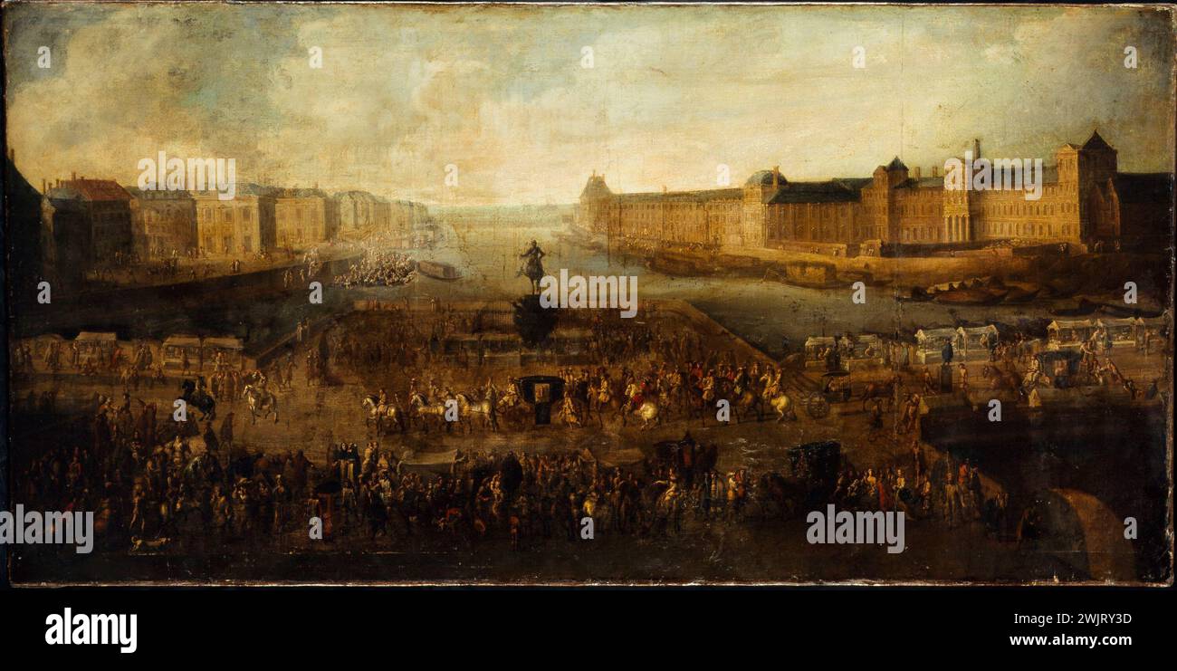 Anonymous. The Pont-Neuf, seen from the entrance to Place Dauphine, the Malaquais quay with the Collège des Quatres-Nations, the Grande Galerie and Le Louvre, around 1665, 1st and 6th arrondissements. Oil on canvas. 1660-1670. Paris, Carnavalet museum. 76090-7 College des Quartés-Nations, Entree, Grand Galerie, Ier I 1st 1st arrondissement, Ile de la Cite, Palais du Louvre, Place Dauphine, Pont-Neuf, Quai Malaquais, King France, Seine, Statue, Vieme VI 6th 6th 6th 6th 6th 6th 6th 6th 6th 6th 6th 6th 6th Life arrondissement, oil on canvas Stock Photo