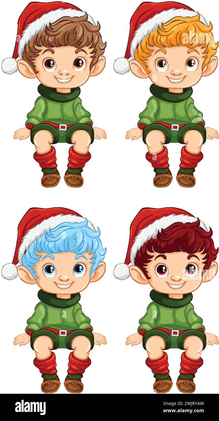 Four cartoon elves with different hair colors. Stock Vector