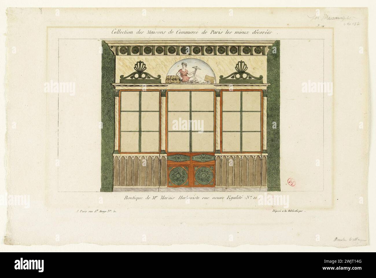 Anonymous. Boutique by Mr Marais Herbalist Rue Neuve Equality N ° 12. Colored etching. Paris, Carnavalet museum. Empire, French Empire, Imperial Periode, First Empire, Imperial Regime, 19th XIXth 19th 19th 19th 19th century, engraving Stock Photo