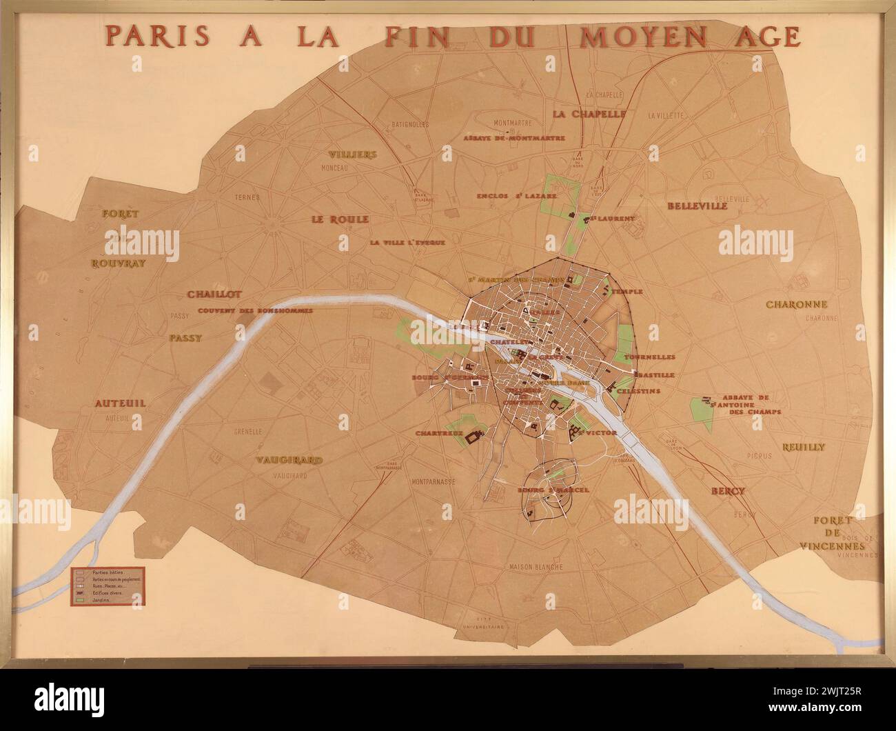 Anonymous. Plan de Paris at the end of the Middle Ages. Ink, gouache and cork on agglomerated wood. Paris, Carnavalet museum. Geographical map, medium-aged end, geography, Paris plan, urban Stock Photo