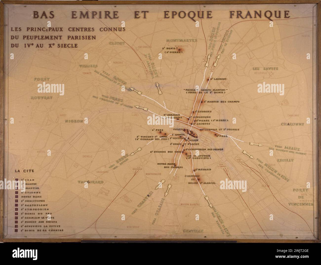 Anonymous. Plan de Paris du Lower Empire at the Frankish era. Ink, gouache and cork on agglomerated wood. Paris, Carnavalet museum. Bas-Empire, geographical map, Frankish time, geography, Paris plan, urban Stock Photo