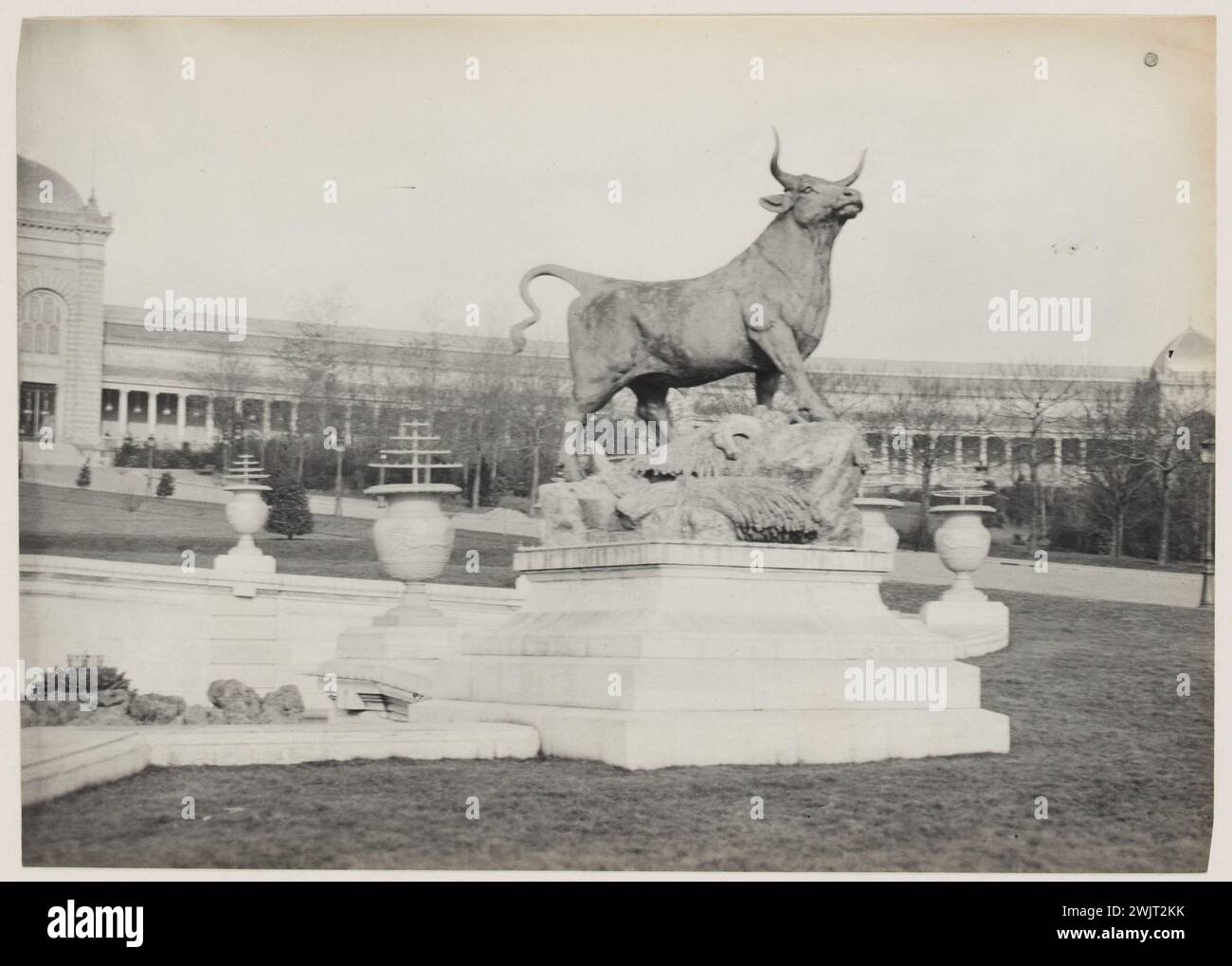 Blancard, Hippolyte (1843 - D.1924), statue of the bull of Auguste Cain before the Palais du Trocadéro, 16th arrondissement, Paris (dummy title), 1890. Platinum draw. Carnavalet museum, history of Paris. Stock Photo