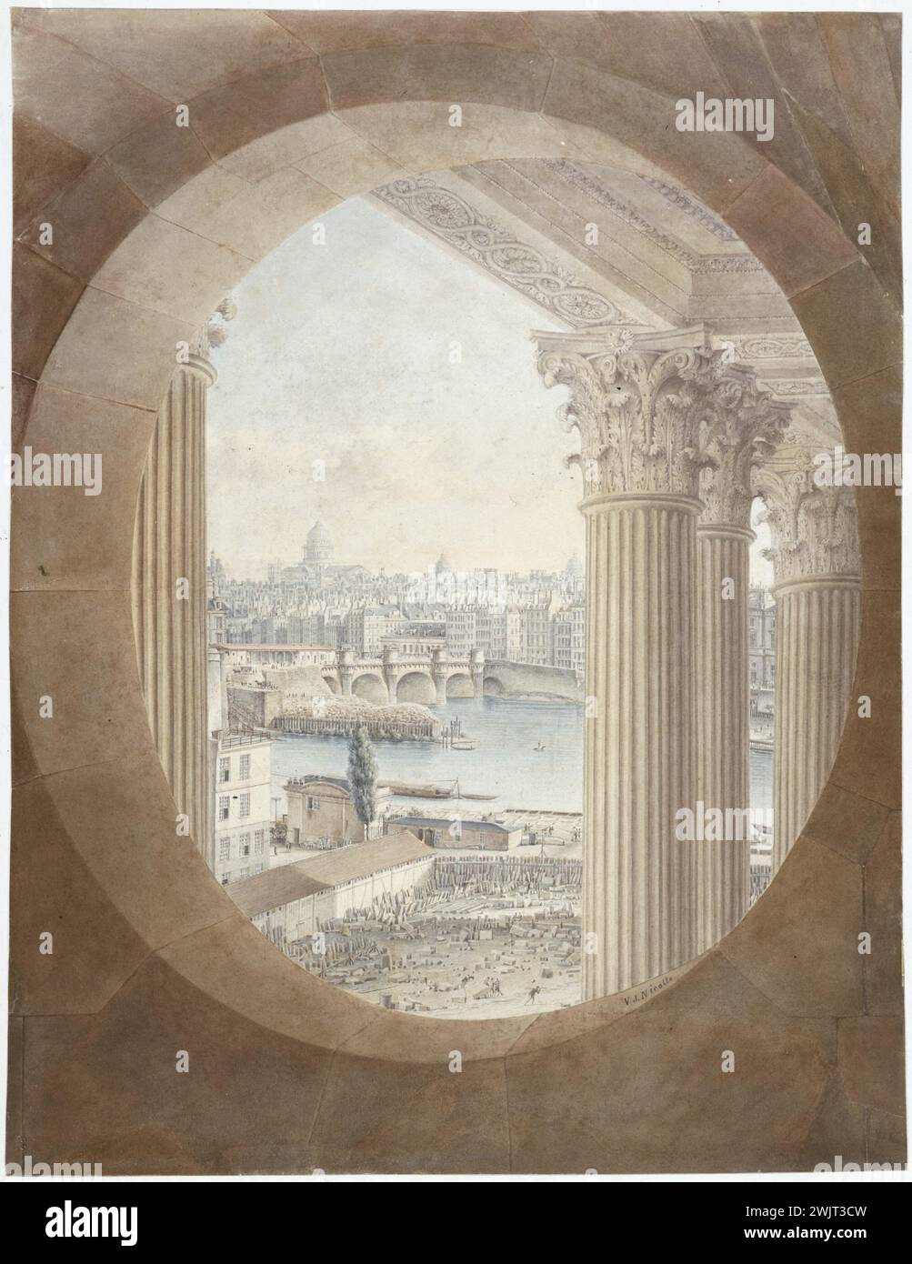 Victor Jean Nicolle (1754-1826). 'View of Paris taken from a Boeuf eye of the Louvre colonnade'. Paris (1 arr.), Carnavalet museum. 23614-7 Colonnade Louvre, column, Seine river, 1st 1 arrondissement, eye of Boeuf, view, city Stock Photo