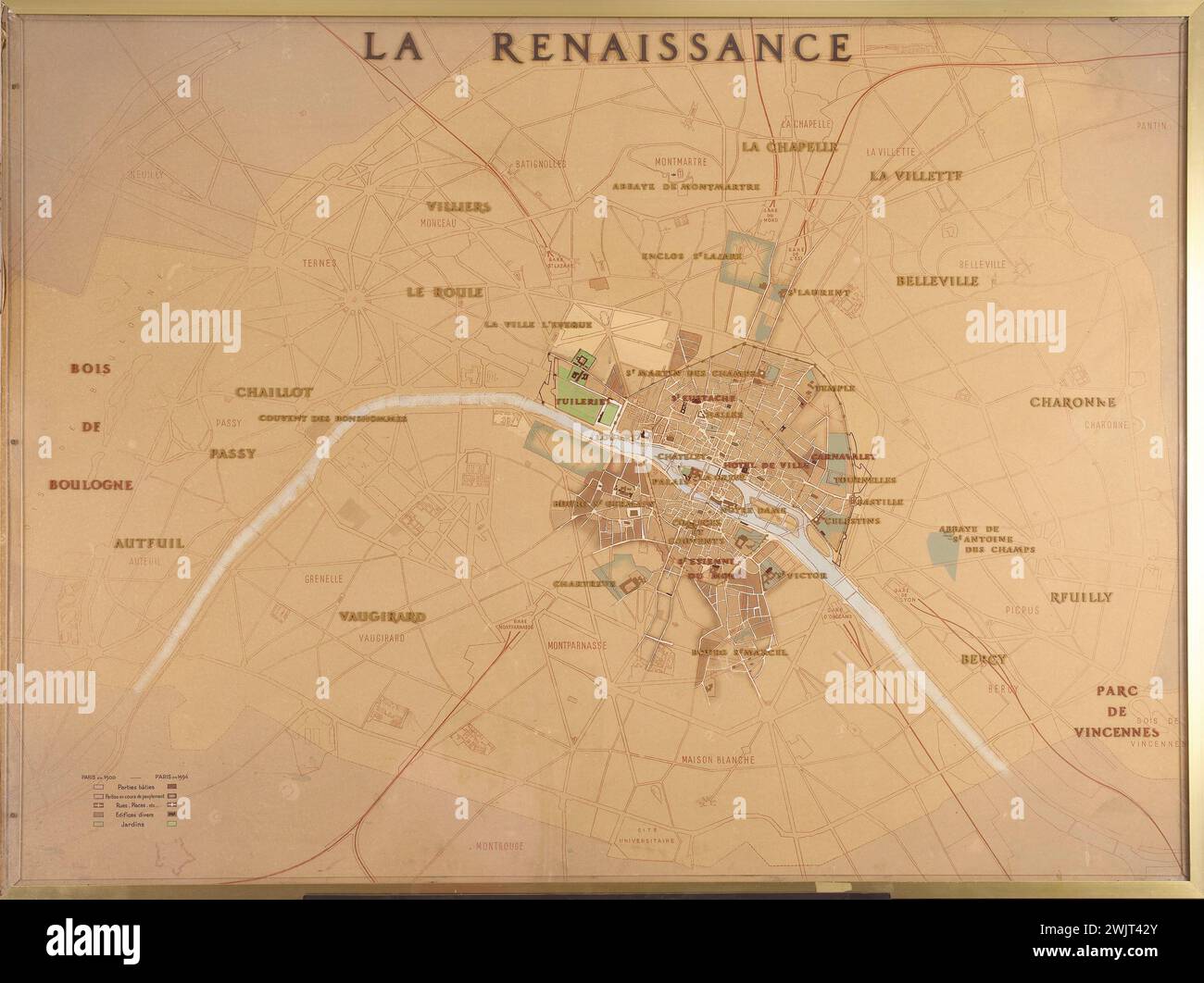 Anonymous. Plan of Paris at the Renaissance. Ink, gouache and cork on agglomerated wood. Paris, Carnavalet museum. Geographical map, geography, Paris plan, renaissance, urban Stock Photo