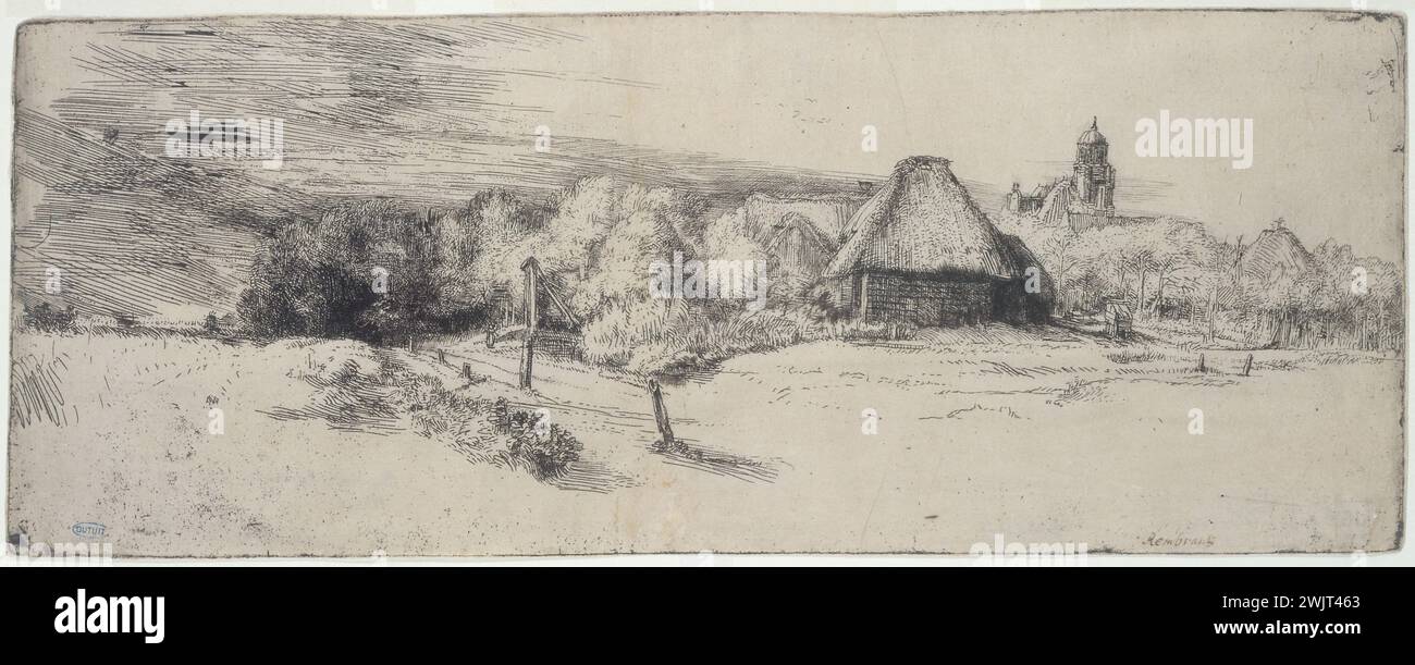 Harmensz van Rijn Rembrandt (1606-1669). 'The big landscape at the tower (B 223-1st state), etching, around 1651. Museum of Fine Arts of the city of Paris, Petit Palais. 27016-13 Campaign, boumiere, etching, tower, house Stock Photo