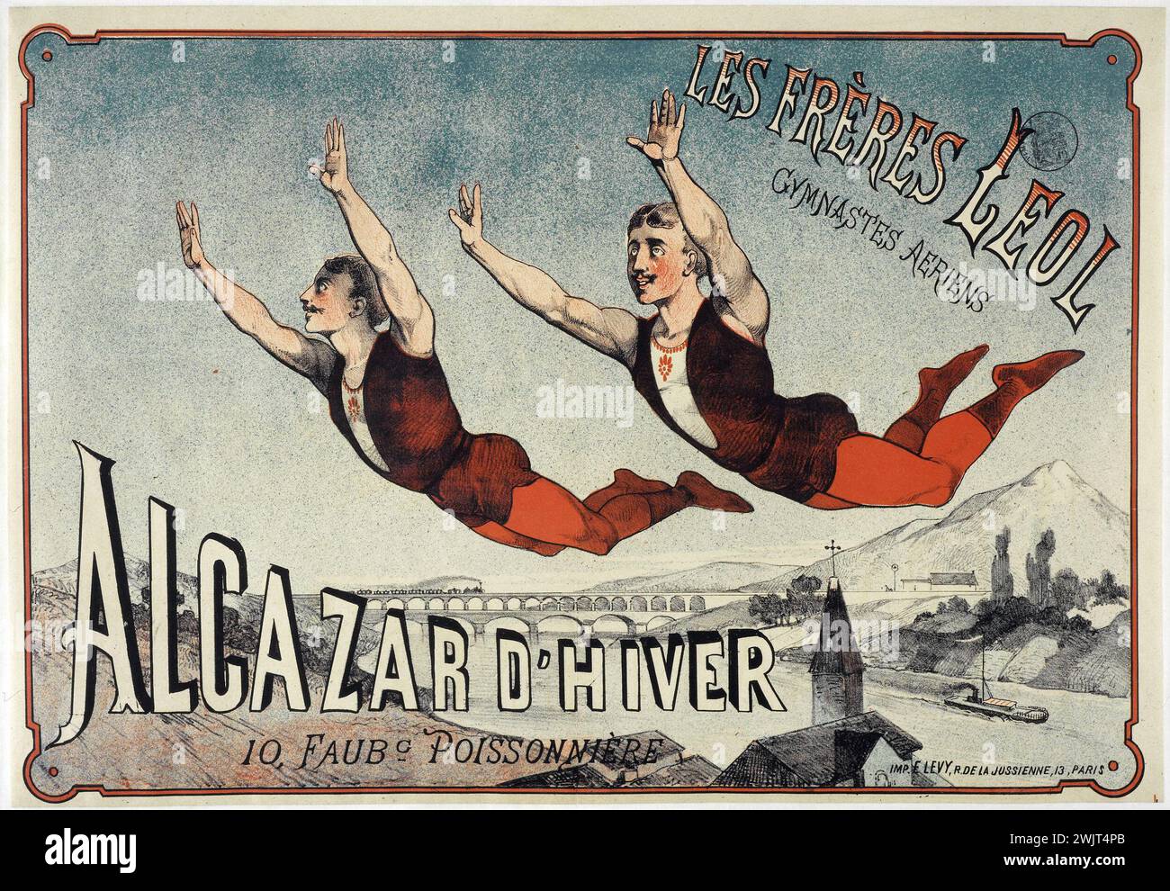 Emile Lévy. 'Winter Alcazar, the Léol brothers, air gymnasts'. Poster. Color lithography. Paris, Carnavalet museum. 10 Rue Faubourg-Poissonniere, Alcazar winter, poster, aerian gymnast, color lithography, advertising, reclame, spectacle, flight, fly, xeme x 10th 10 arrondissement Stock Photo