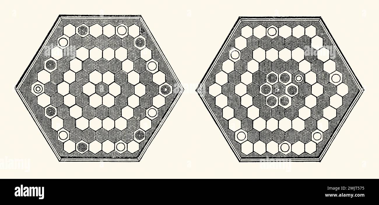 An old engraving of the hexagonal board game of Agon – showing the pieces on the board at the start (left) and at the end of the game (right). It is from Victorian book of the 1890s on sports, games and pastimes. Agon is similar to draughts, played on a hexagonal board. Also known as ‘Queen's Guards’ or ‘Royal Guards’, it may have originated in France. It was first published in the UK the 1840s. Played by two players, each has 7 pieces (a Queen and 6 guards). The aim is to be first to move the Queen from the edge of the board to the central point and surround her with all 6 guards. Stock Photo
