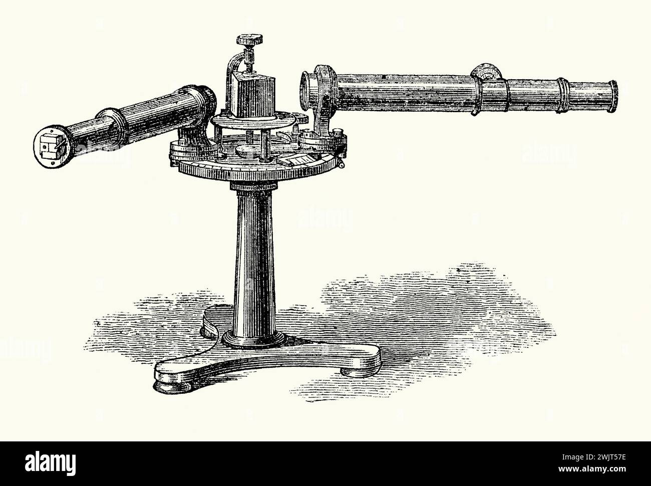 An old engraving of an optical spectrometer (spectrophotometer, spectrograph or spectroscope) from the 1800s. It is from Victorian book of the 1890s on sports, games and pastimes. It is an instrument used to measure properties of light over a specific portion of the electromagnetic spectrum, and is typically used to analyse materials. Spectroscopy is a fundamental tool in the fields of astronomy, chemistry, materials science and physics. It enables the composition, physical structure and electronic structure of matter to be investigated at atomic, molecular and macro scale. Stock Photo