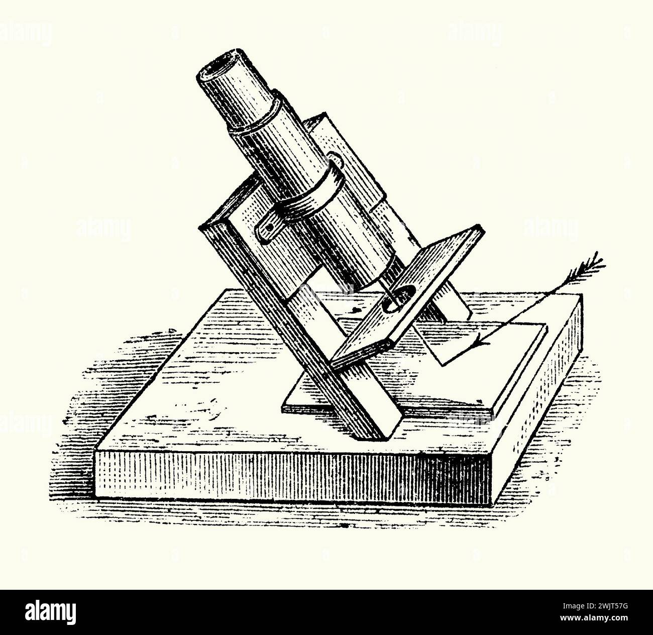 An old engraving of a polariscope from the 1800s. It is from Victorian book of the 1890s on sports, games and pastimes. In this microscope-like device, light is reflected upwards though translucent objects, such gem-stones, to allow the viewer to analyse their optical characteristics. Stock Photo