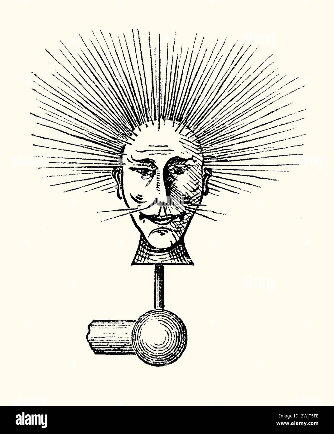 An old engraving showing an electrical ‘fright’ effect on a doll’s head from the 1800s. It is from Victorian book of the 1890s on sports, games and pastimes. By using a frictional electrical machine, an electrical current produced, conducted to the doll, will make the fake hair on its head stand on end. Stock Photo
