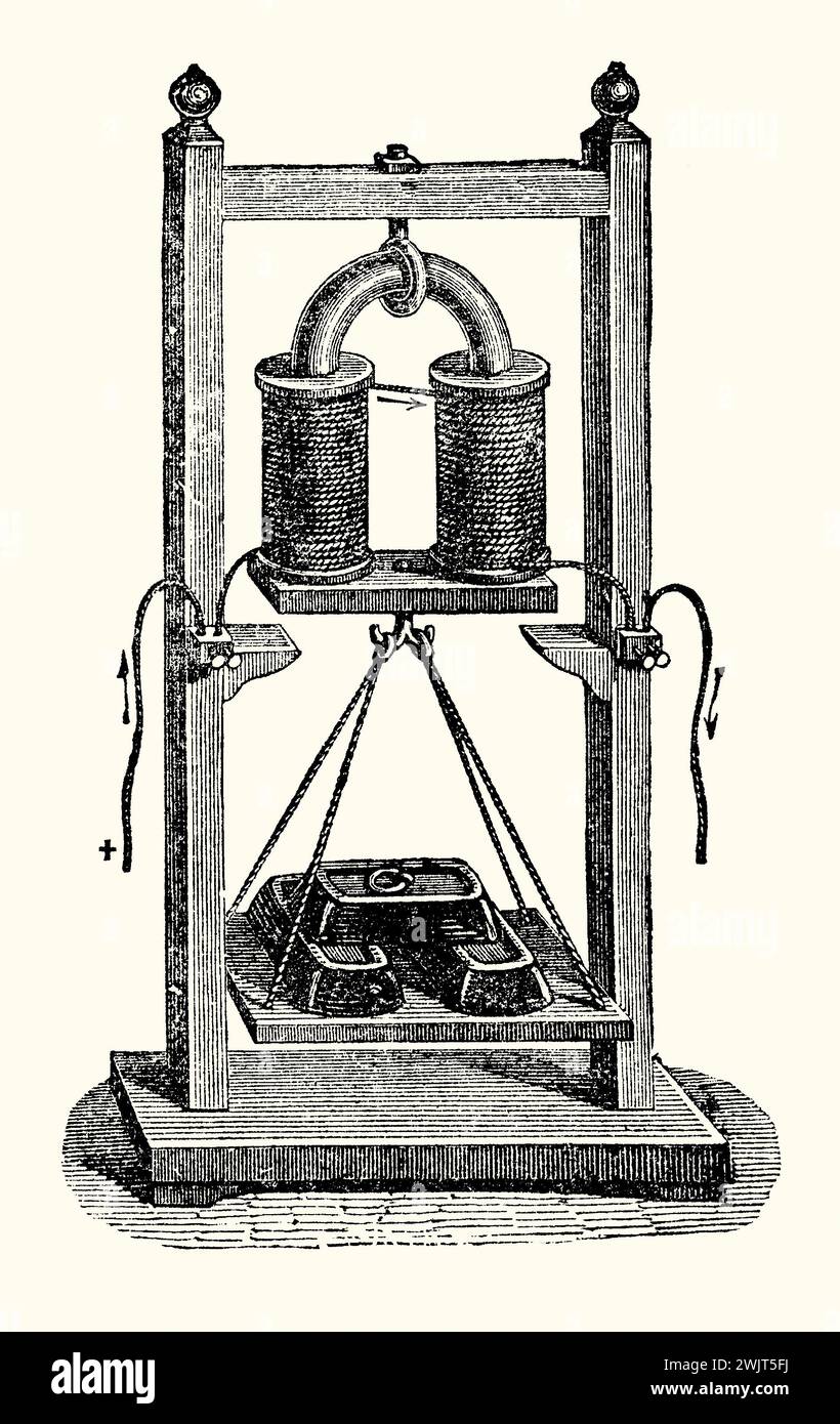 An old engraving of a large electromagnet from the 1800s. It is from Victorian book of the 1890s on sports, games and pastimes. Here the device is using electrical power to lift weights off the ground. An electromagnet is a where a magnetic field is produced by an electric current. Electromagnets usually consist of wire wound into a coil. A current through the wire creates a magnetic field which is concentrated in the hole in the centre of the coil. The magnetic field disappears when the current is turned off. British scientist William Sturgeon invented the electromagnet in 1824. Stock Photo