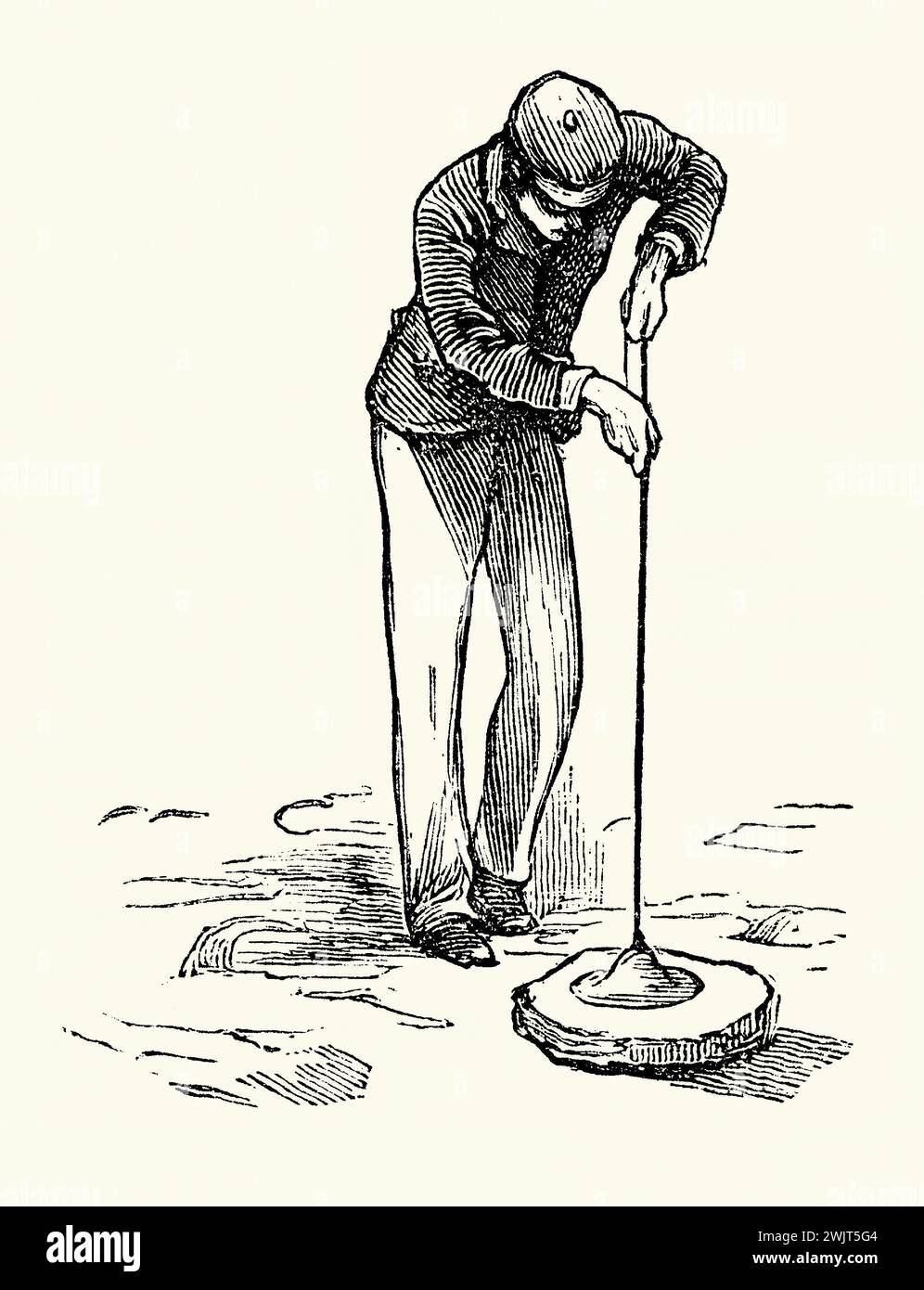 An old engraving of a man using a ‘sucker’ to lift a flat stone in the 1800s. It is from Victorian book of the 1890s on sports, games and pastimes. The device is made of a circular piece of leather with a string attached at its centre. The leather is moistened and is pressed flat against the stone. Once it adheres to the surface it can be pulled up using the string. The leather forms a bell shape with very little air within it – the partial vacuum created means the stone is lifted up off the ground. Today’s vacuum suction lifters are commonly used to move sheet material like sheet glass. Stock Photo