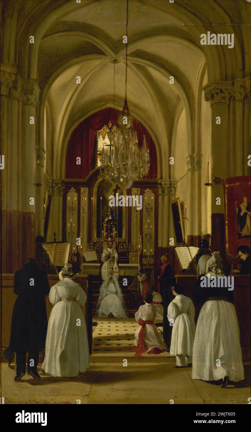 Auguste de Chatillon (1813-1881). 'The first communion of Léopoldine in Fourqueux'. Oil on wood. Paris, house of Victor Hugo. 25946-19 Religious ceremony, cure, French writer, daughter, wood on wood, first communion Stock Photo