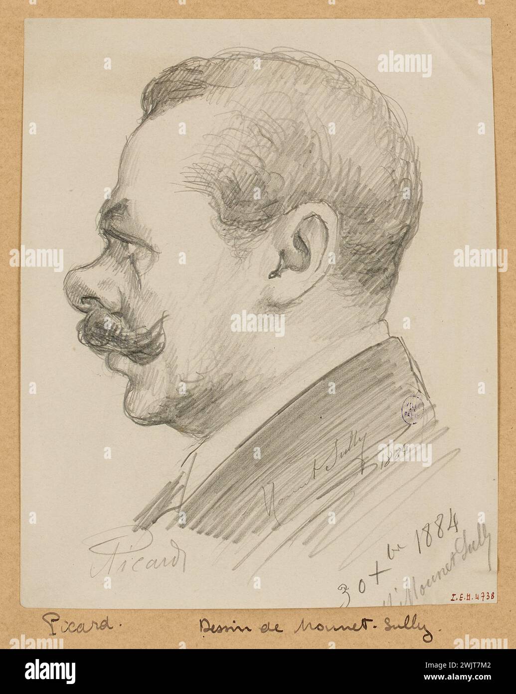 Mounet-Sully, Jean-Sully Mounet dit (n.1841-02-27-D.1916-03-01), portrait of M. Picard during a session of the reading committee at the Comédie Française. (Faithful title), 1884-12-30. Carnavalet museum, history of Paris. Stock Photo