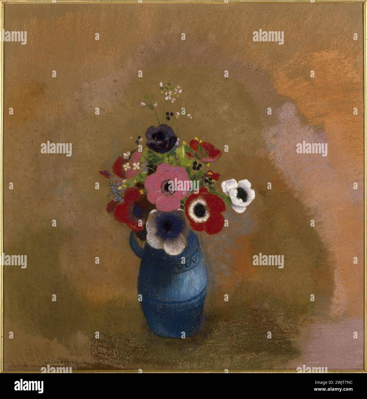 Odilon Redon (1840-1916). 'Anemones in a blue vase'. Pastel and black pencil lines on gray paper glued to cardboard, around 1912. Museum of Fine Arts in the city of Paris, Petit Palais. 52014-10 Anemone, flower, cardboard gray paper, pastel, black pencil line, blue vase Stock Photo