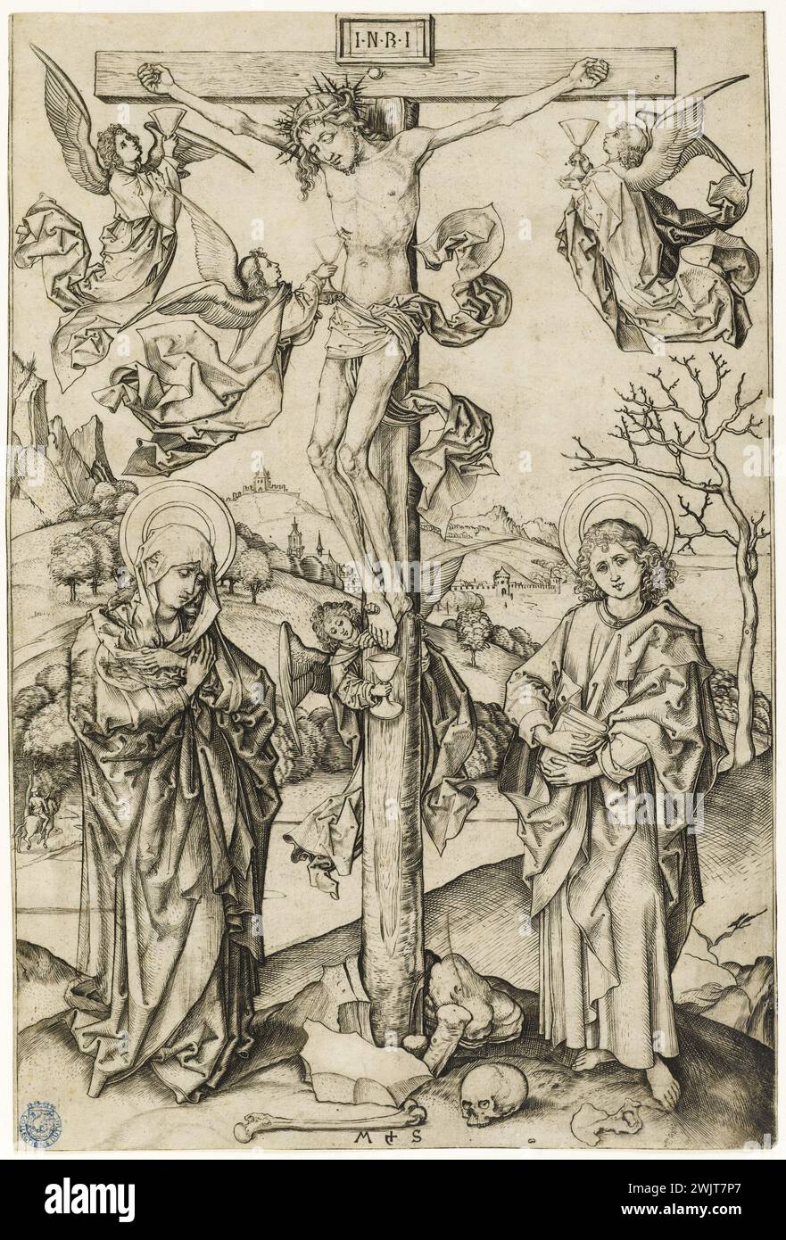Anonymous. The Crucifixion to the four angels (copy) (Bartsch 25). Engraving (chisel), 1475-1480. Museum of Fine Arts of the City of Paris, Petit Palais. 76856-14 Art medieval, Christianity, engraving in chisel, Christian iconography, religious iconography, Middle Ages, New Testament, biblical character, 15th XV 15th 15th 15th century, engraving Stock Photo