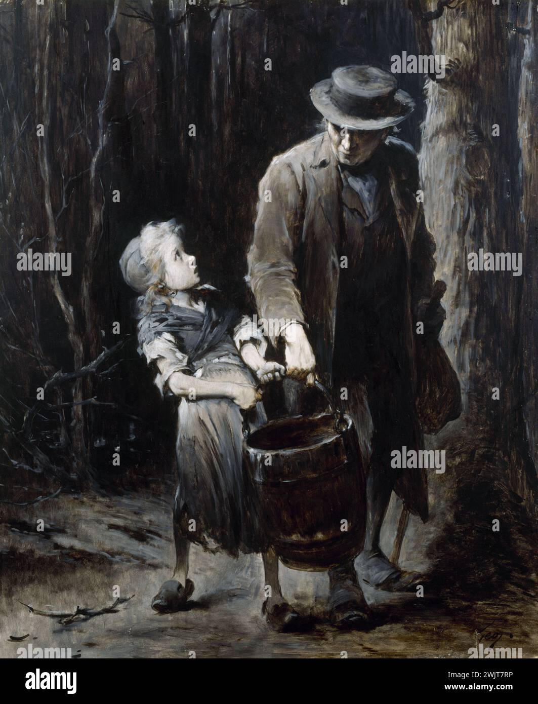 Jean Geoffroy (1853-1924). "Jean Valjean and Cosette" ("Les Misérables" by Victor Hugo). Oil on wood. Paris, house of Victor Hugo. 34032-19 Oil on wood, illustration, litterian work, character, little girl, wear, novel, bucket Stock Photo