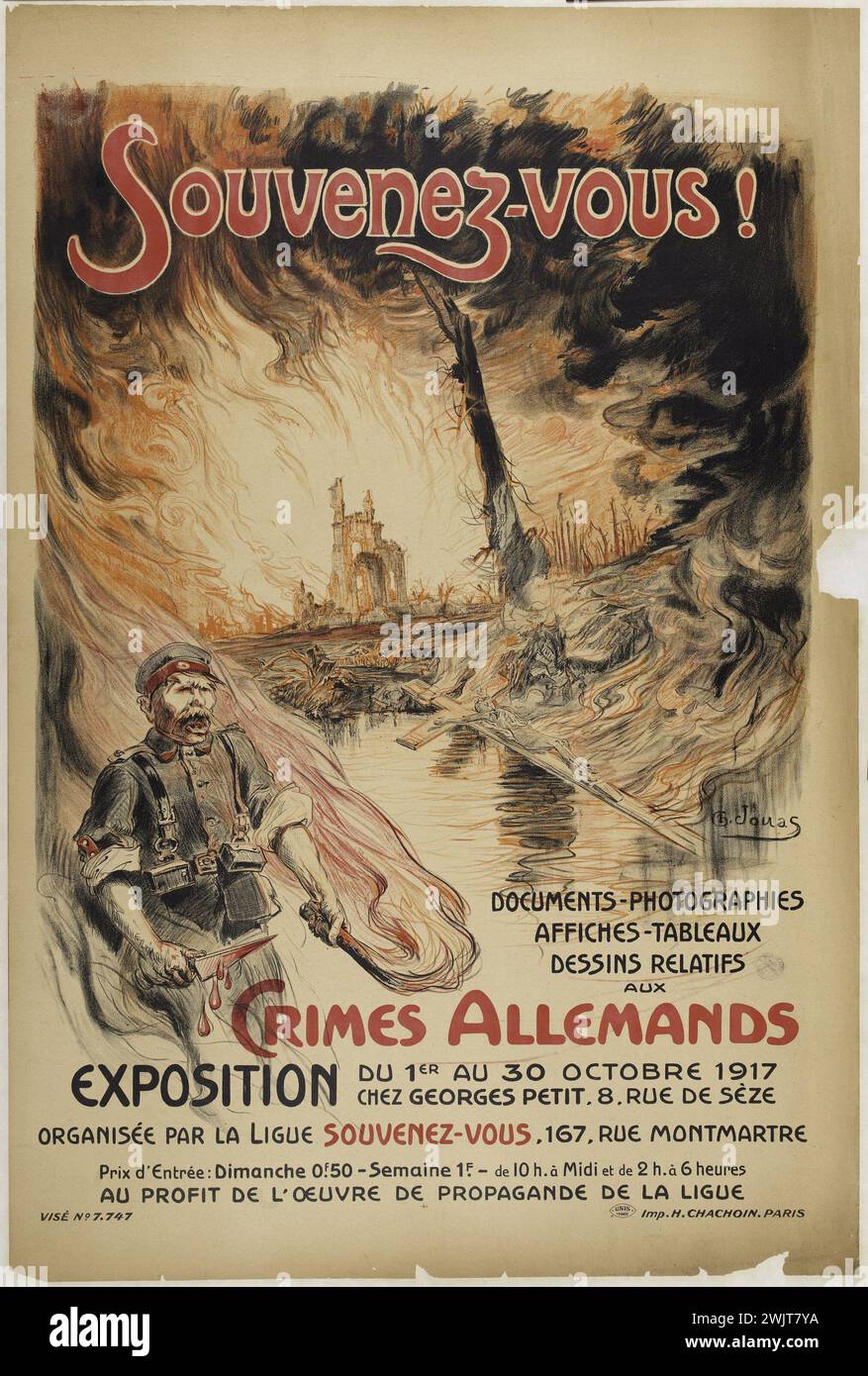 Charles Jouas. 'Remember! Documents-photographs, posters-tableau, drawings relating to German crimes, exhibition of October 1, 1917 at Georges Petit, 8 rue de Seze'. Color lithography. 1917. Paris, Carnavalet museum. 74199-21 8 rue de Seze, poster, German crime, document, exhibition, war 14-18, war 1914-1918, color lithography, first world war, photography, soldier, souvenir, painting, fire Stock Photo