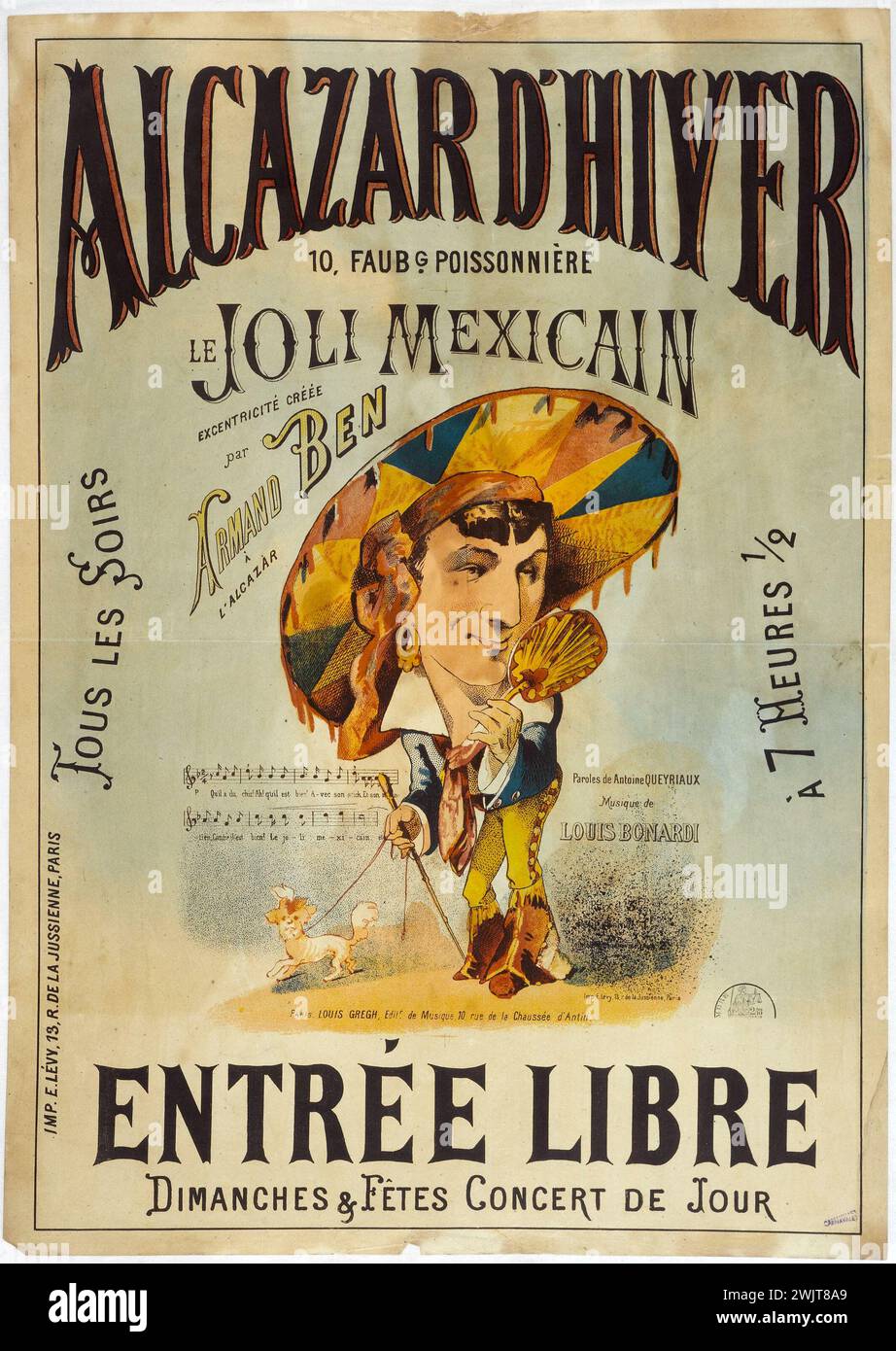 Emile Levy. 'Winter Alcazar, the pretty Mexican by Armand Ben'. Poster. Color lithography. Paris, Carnavalet museum. Alcazar summer, poster, champs-elyse, singer, color lithography, advertising, reclam, spectacle, VIIIEM VIII 8th 8 arrondissement, dog Stock Photo