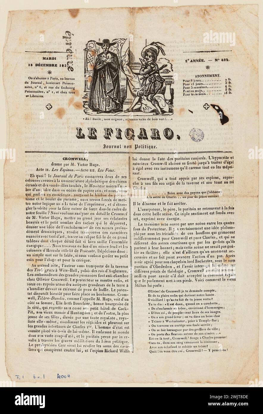 Cromwell, drama by Mr. Victor Hugo. Act II. The spies. -Act III. Crazypeople. Le Figaro, non-political newspaper, Tuesday December 18, 1827 (dummy title), 1827-12-18. Ink on paper. Houses of Victor Hugo Paris - Guernsey. Stock Photo