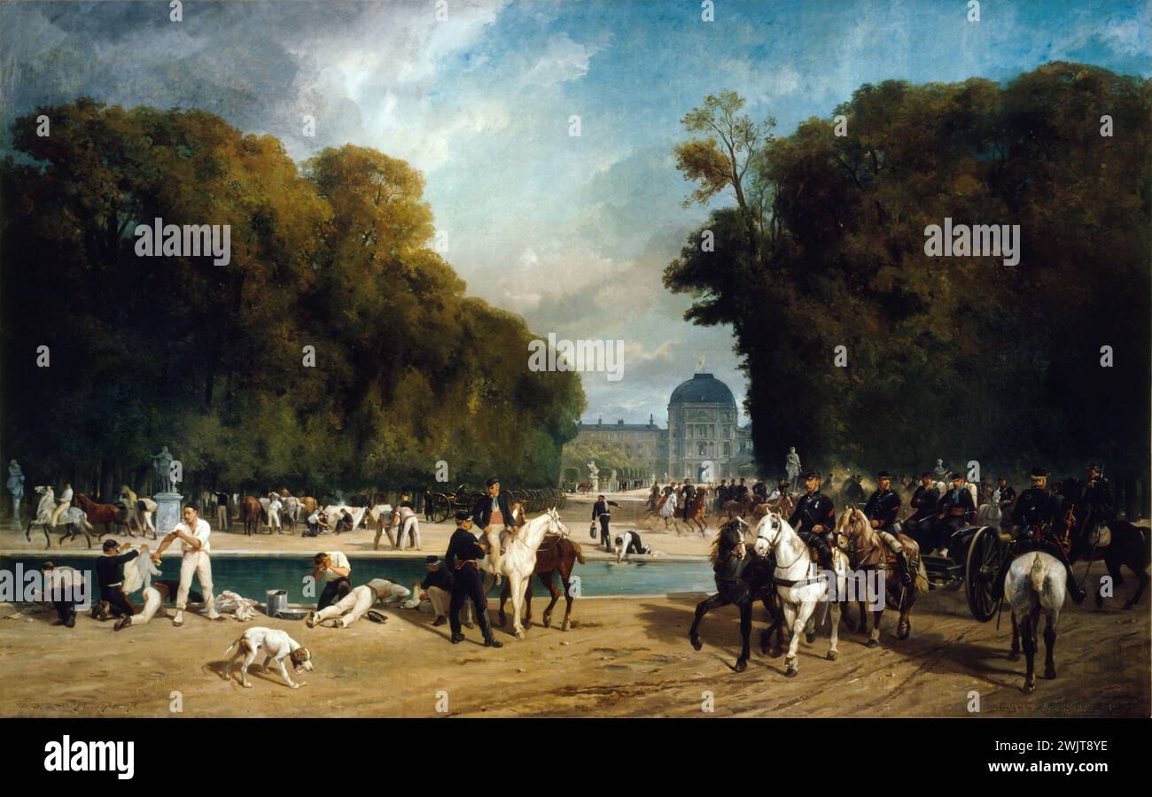 Alfred Decaen (born in 1820) and Emile-Henri Brunner-Lacoste (1838-1881). 'The artillery camped in the Tuileries garden (end of September 1870)'. Oil on canvas. Paris, Carnavalet museum. 27104-1 Army, artillery, basin, camp, horse, war 1870, 1st 1 arrondissement, garden of the tileries, work of art, Paris seat, soldier, painting, 19th XIX 19th 19th 19th 19th century, oil on canvas Stock Photo