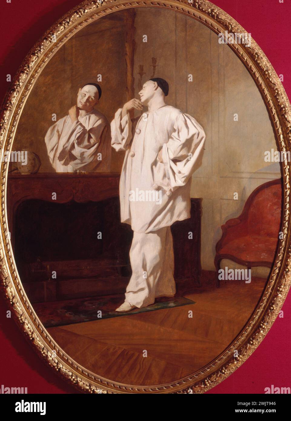 Jean Pezous (1815-1885). 'The Mime Charles Debureau (1829-1873) in Pierrot costume'. Oil on canvas. Paris, Carnavalet museum. 35303-8 Costume, disguise, French mime, mirror, pierrot, portrait, reflection, habit, oil on canvas Stock Photo