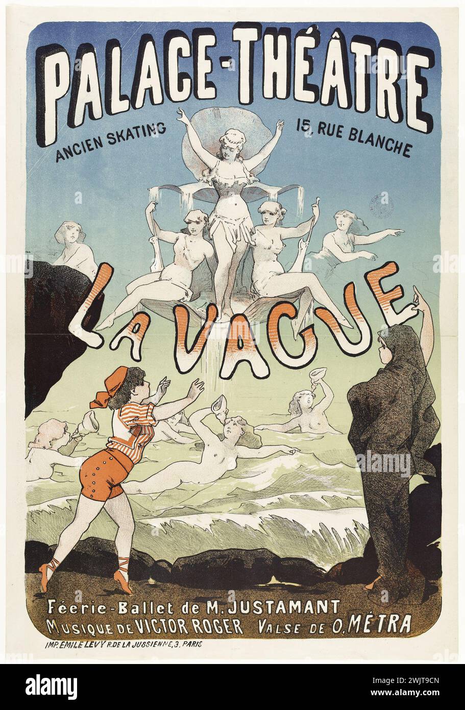 Anonymous. 'Palace-Theâtre, former skating, 15, rue Blanche, La Vague, Féerie-Ballet by M. Justamant, Music by Victor Roger, Waltz of O. Metra'. Color lithography. 1880-1900. Paris, Carnavalet museum. 74198-6 15 Rue Blanche, old skating, fery-ballet, the wave, color lithography, palace-theater Stock Photo