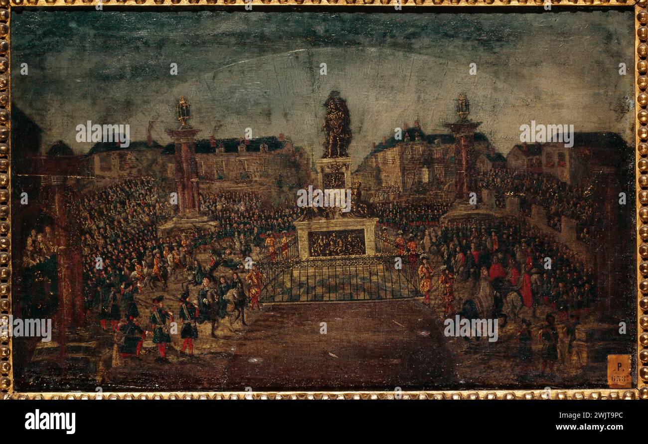 Anonymous. Inauguration of the Statue of Louis XIV, place des Victoires, current 1st and 2nd arrondissemets, March 28, 1686. Oil (?) On paper (non -cut wooden range on wood). 1681-1691. Paris, Carnavalet museum. 76089-28 2nd 2 iieme II 2nd 2nd arrondissement, Eventail, crowd, oil on paper, 1st 1st 1st arrondissement, inauguration, inaugurate, maroufle on wood, place des Victoires, king France, statue Stock Photo